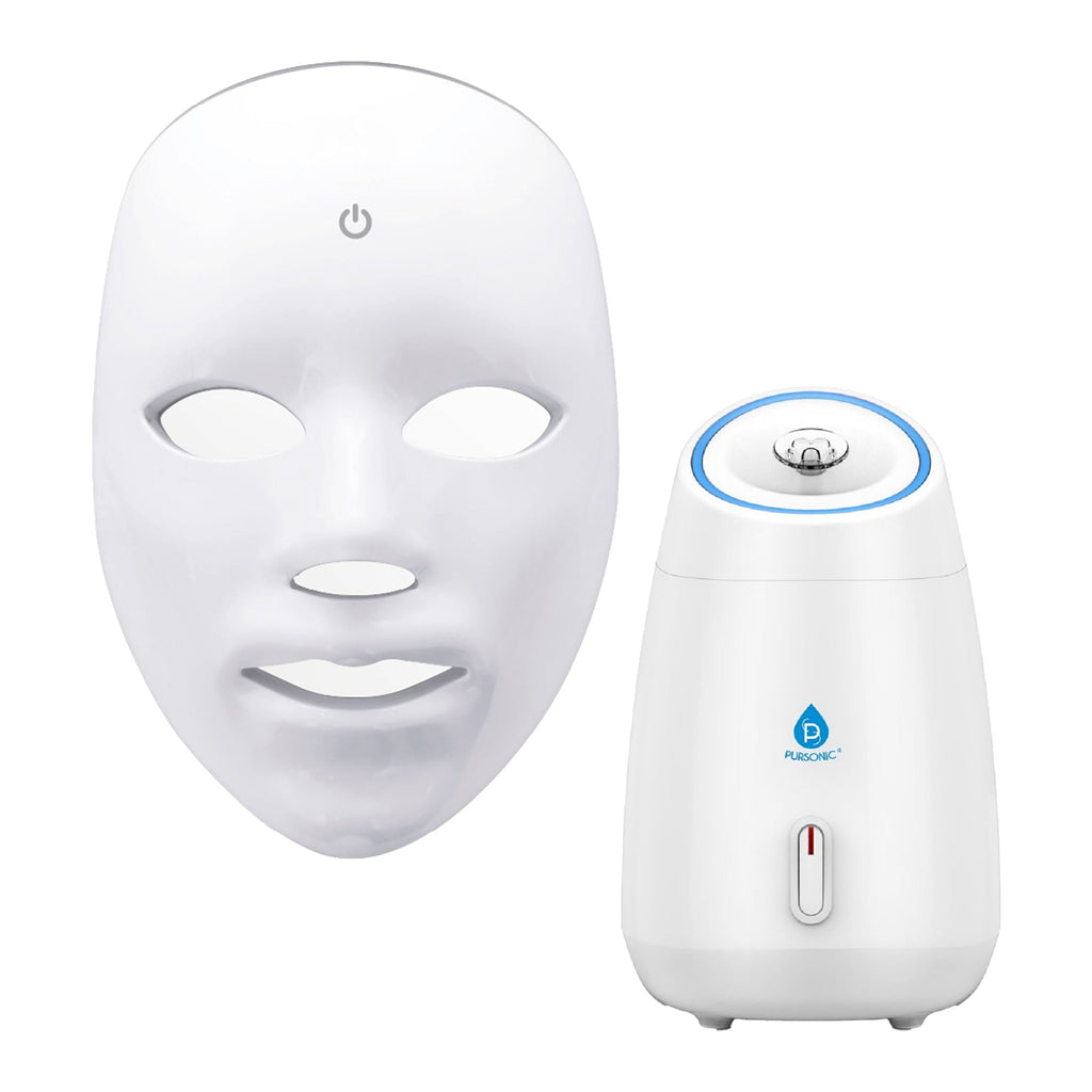 7-in-1 LED Light Therapy Face Mask & Pursonic Facial Steamer Hot Mist Moisturizing Spa Bundle